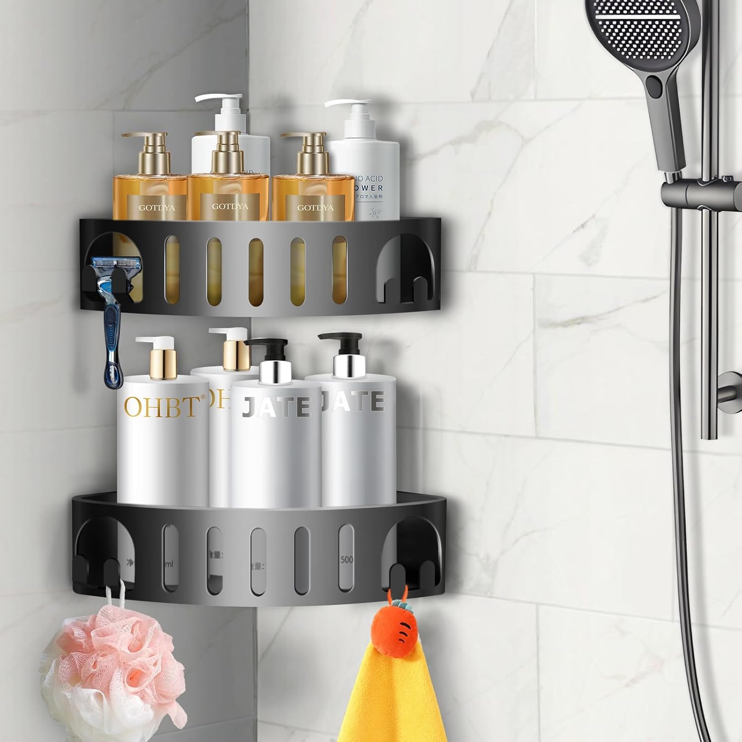 Corner Shower Caddy with Shelves Razor Holder 2 Pack Grey