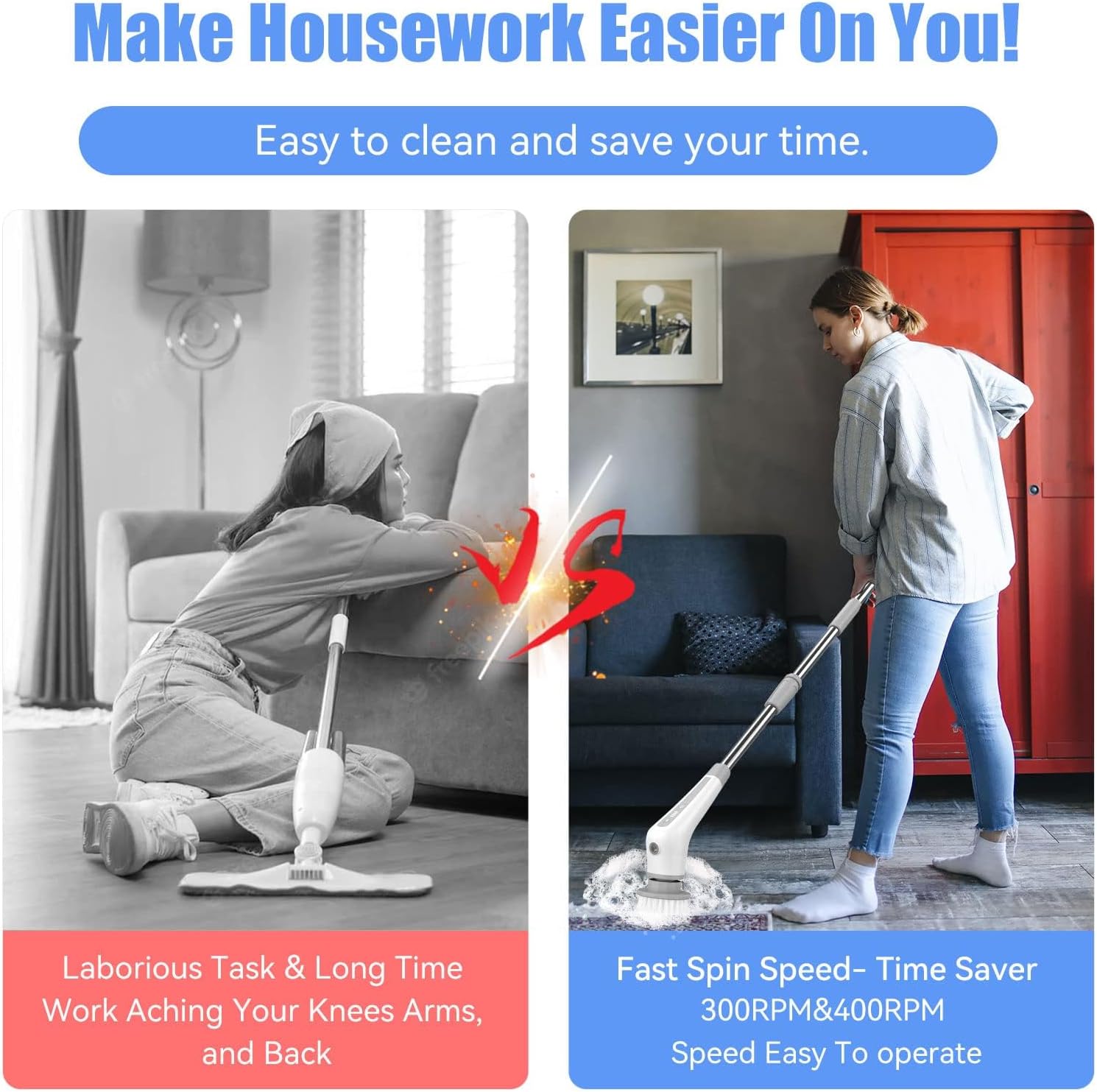 Lovawing Electric Spin Scrubber with 2 Speeds and 48 Inch Extension Arm