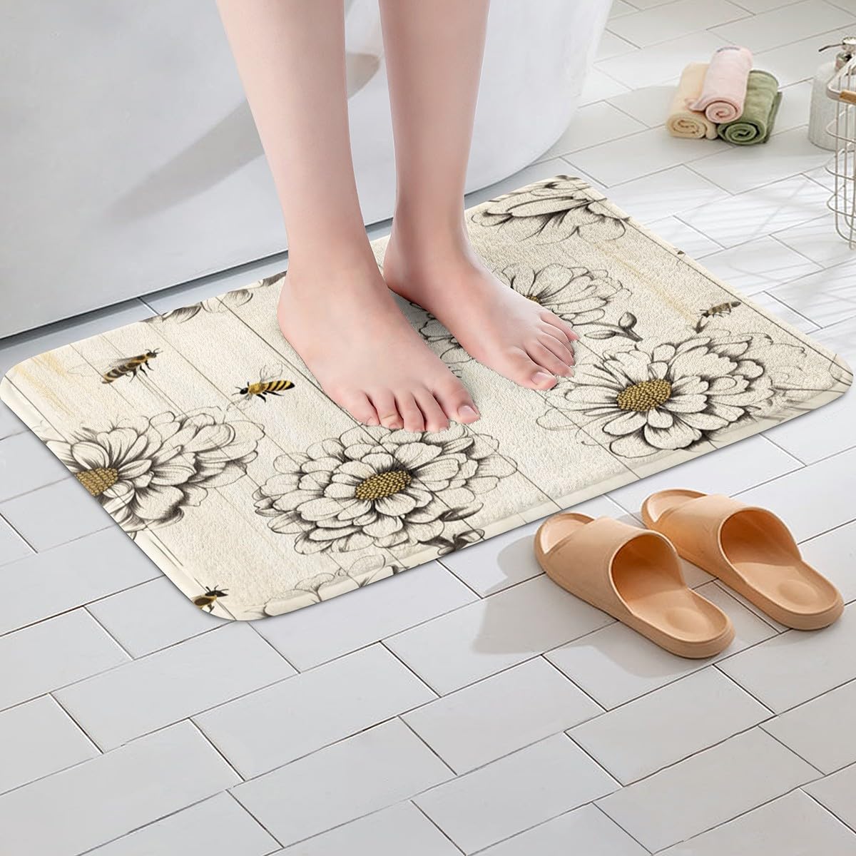 Feelyou Bee Bath Mat 16x24 Inch Floral Design