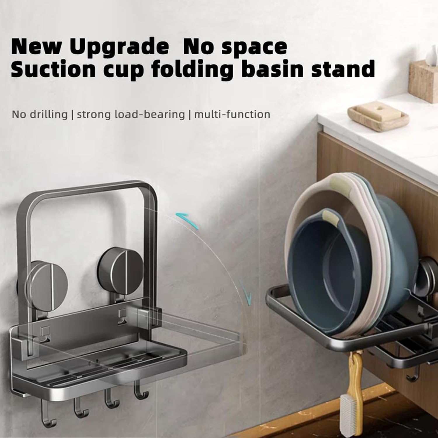 Folding Shower Suction Cup Shelf with Hook and Basin Stand