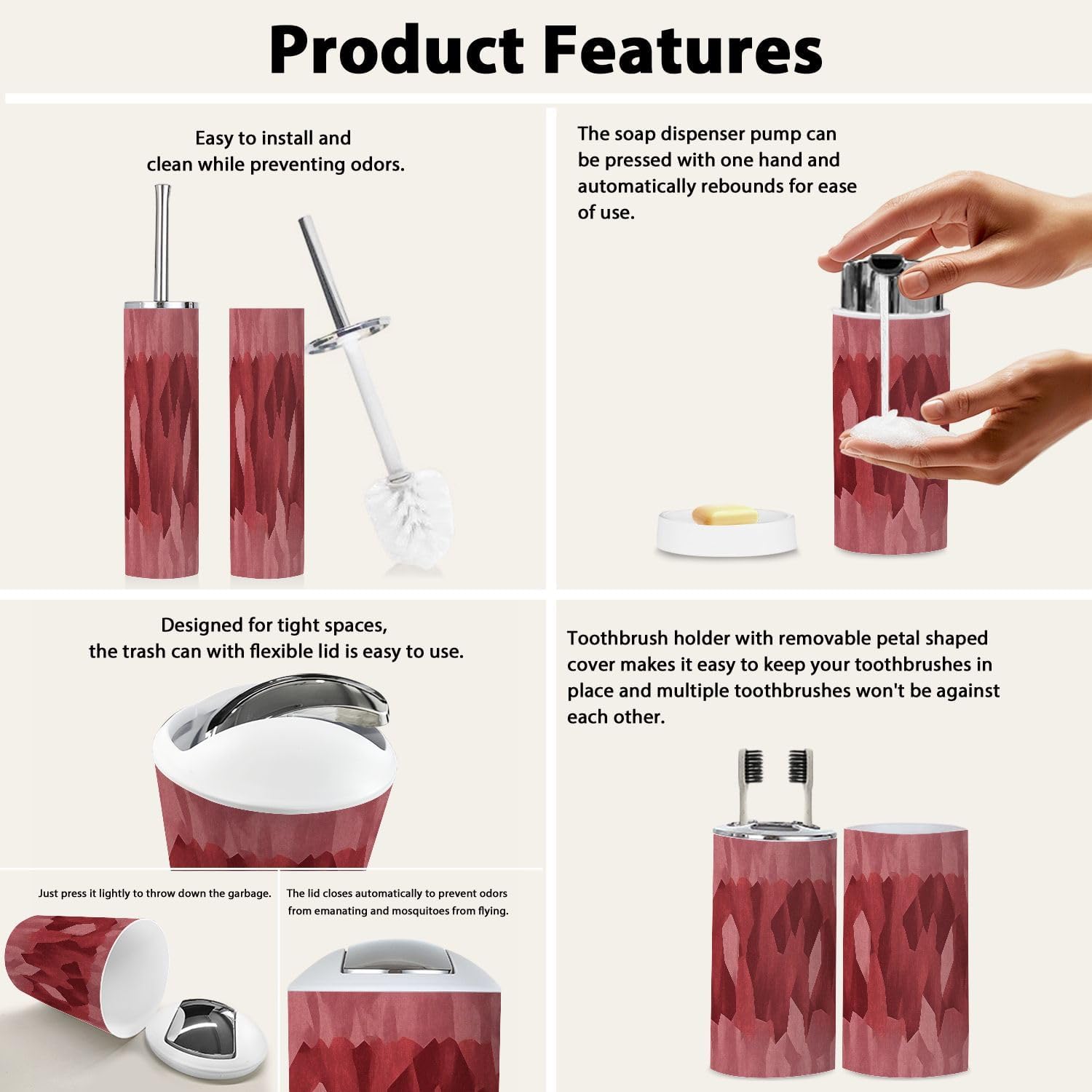 Boho Bathroom Accessory Set 6 Piece Maroon