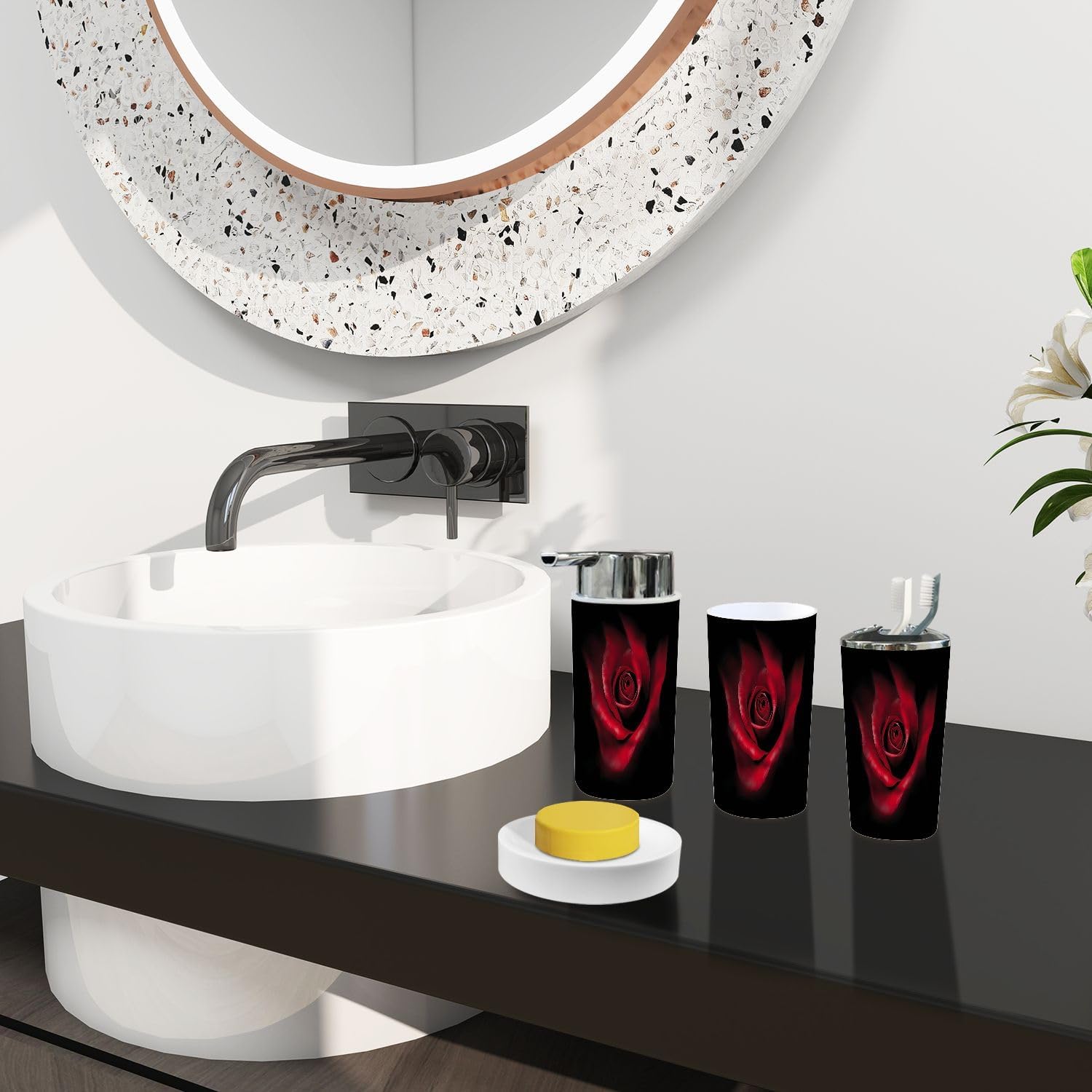 Boho Red Rose Bathroom Accessories Set of 6