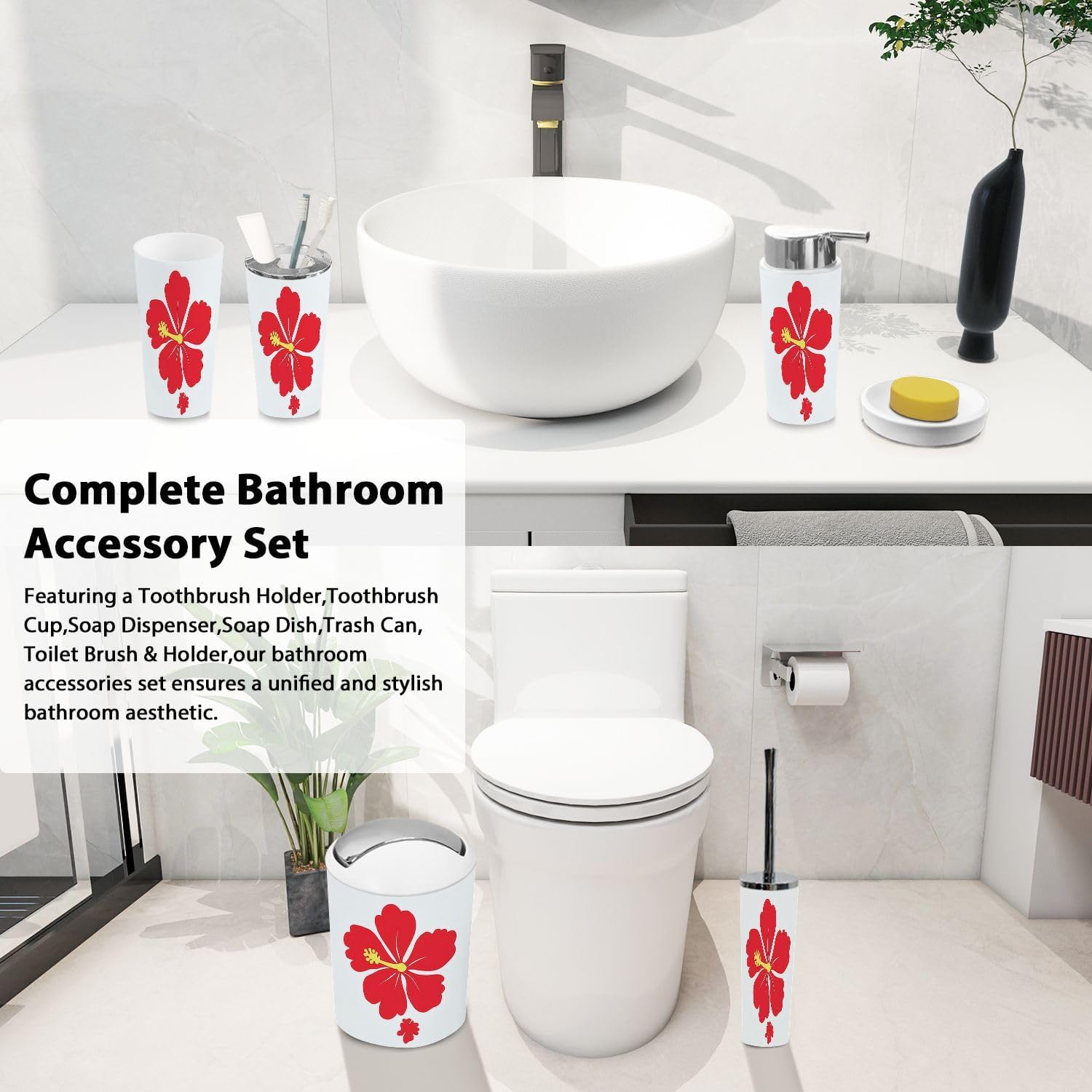 Bathroom Accessory Set 6 Piece Boho Tropical Style