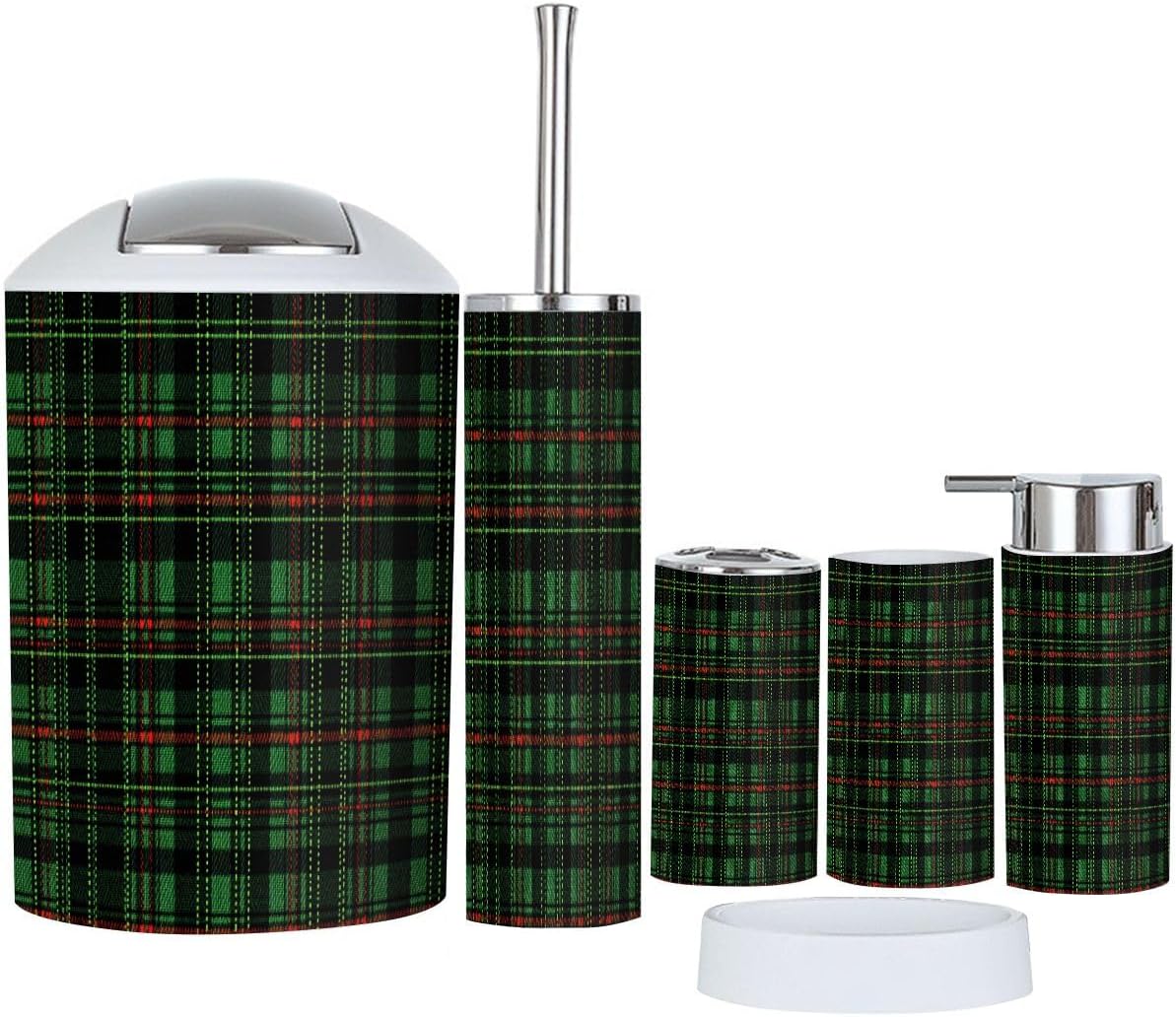 Boho Green Tartan Plaid 6-Piece Bathroom Accessory Set