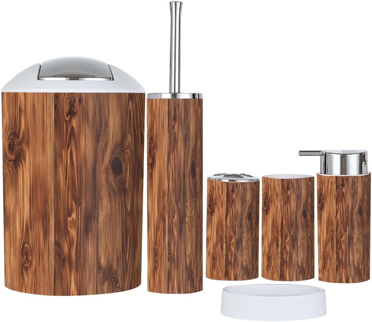 Boho Bathroom 6-Piece Wood Grain Accessories Set