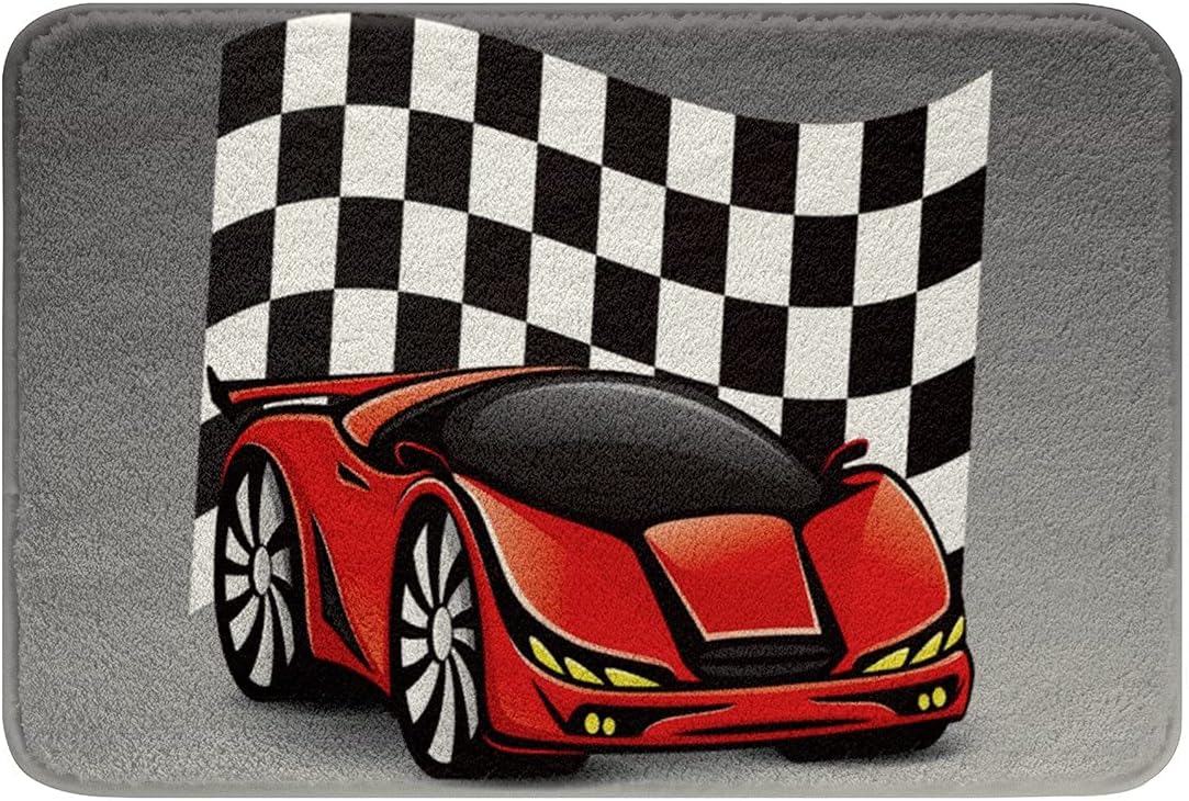 Race Car Bath Mat with Non-Slip Backing Grey Red 16x24 Inches