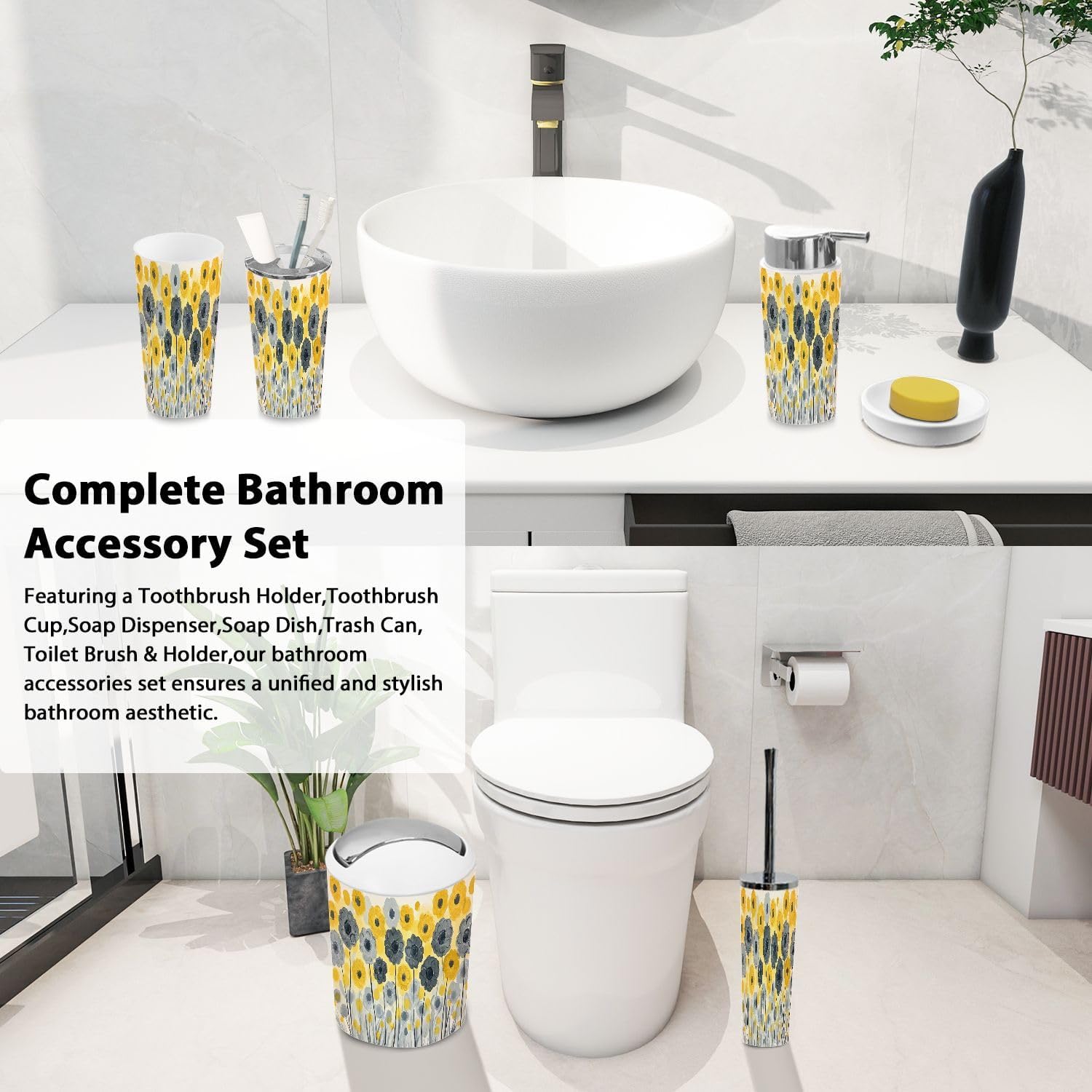 Boho Abstract Trash Can Set 6 Piece Bathroom Accessories