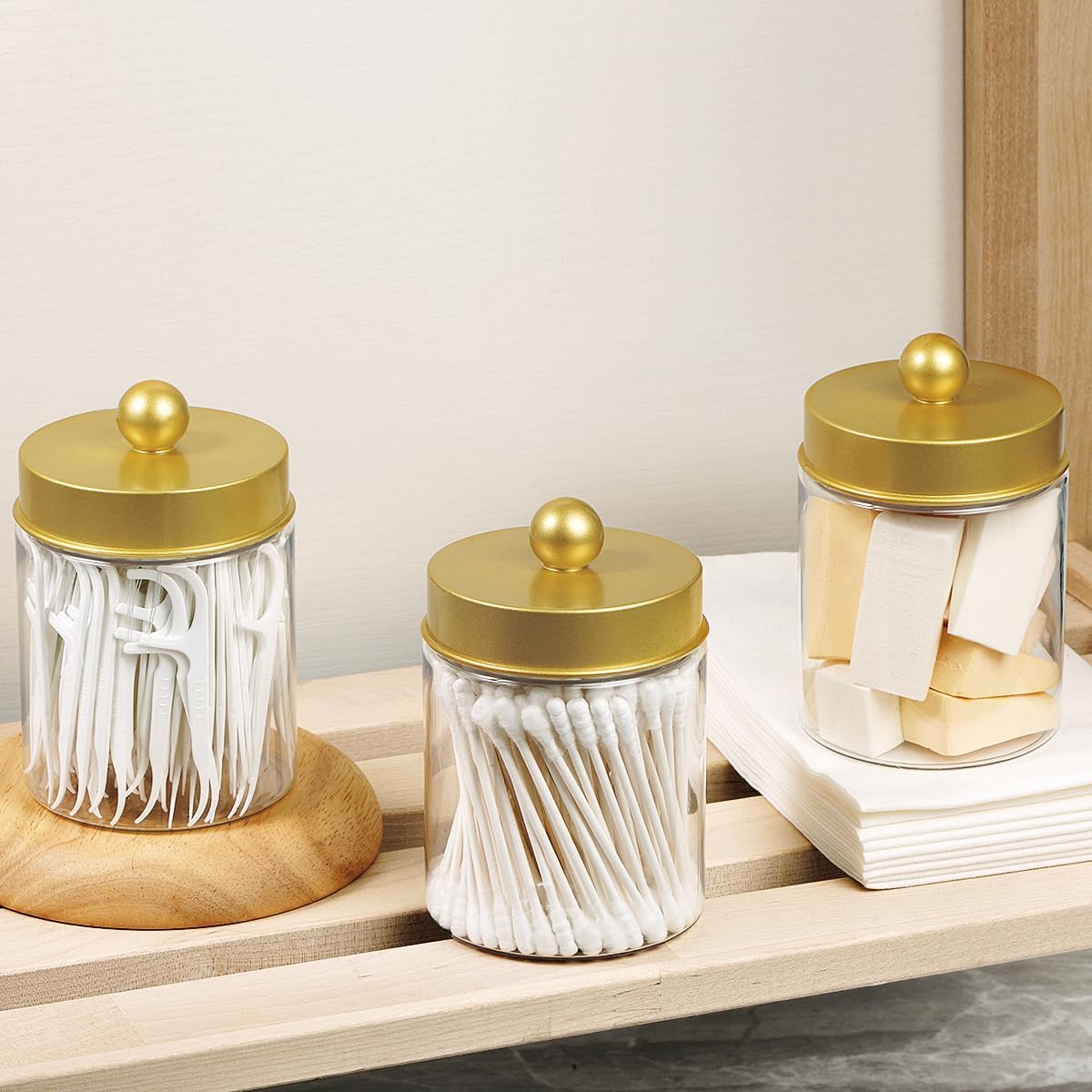 Amolliar Q-tip Holder Dispenser - 8oz Plastic Apothecary Jar Set for Bathroom Storage