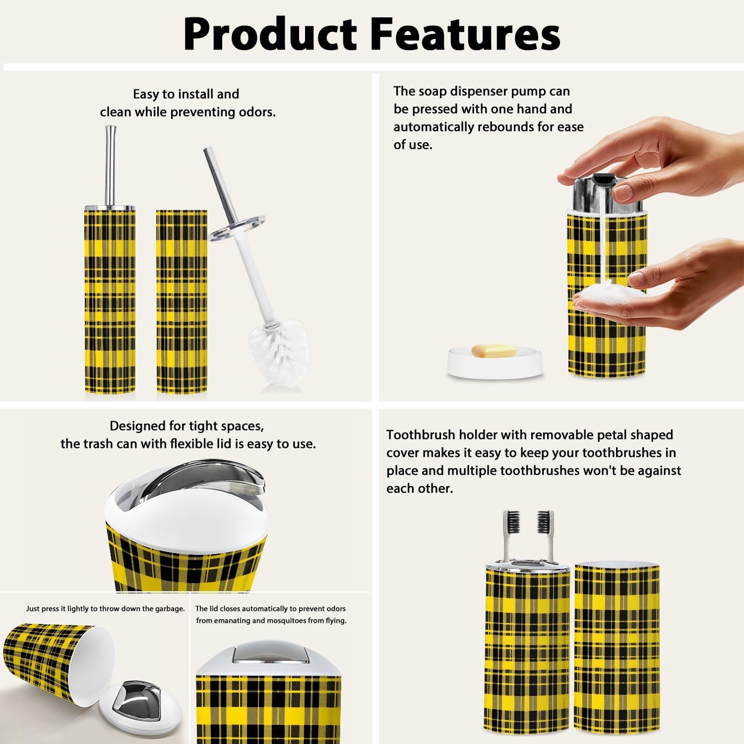 Boho Yellow Black Tartan Bathroom Accessory Set 6 Piece 1