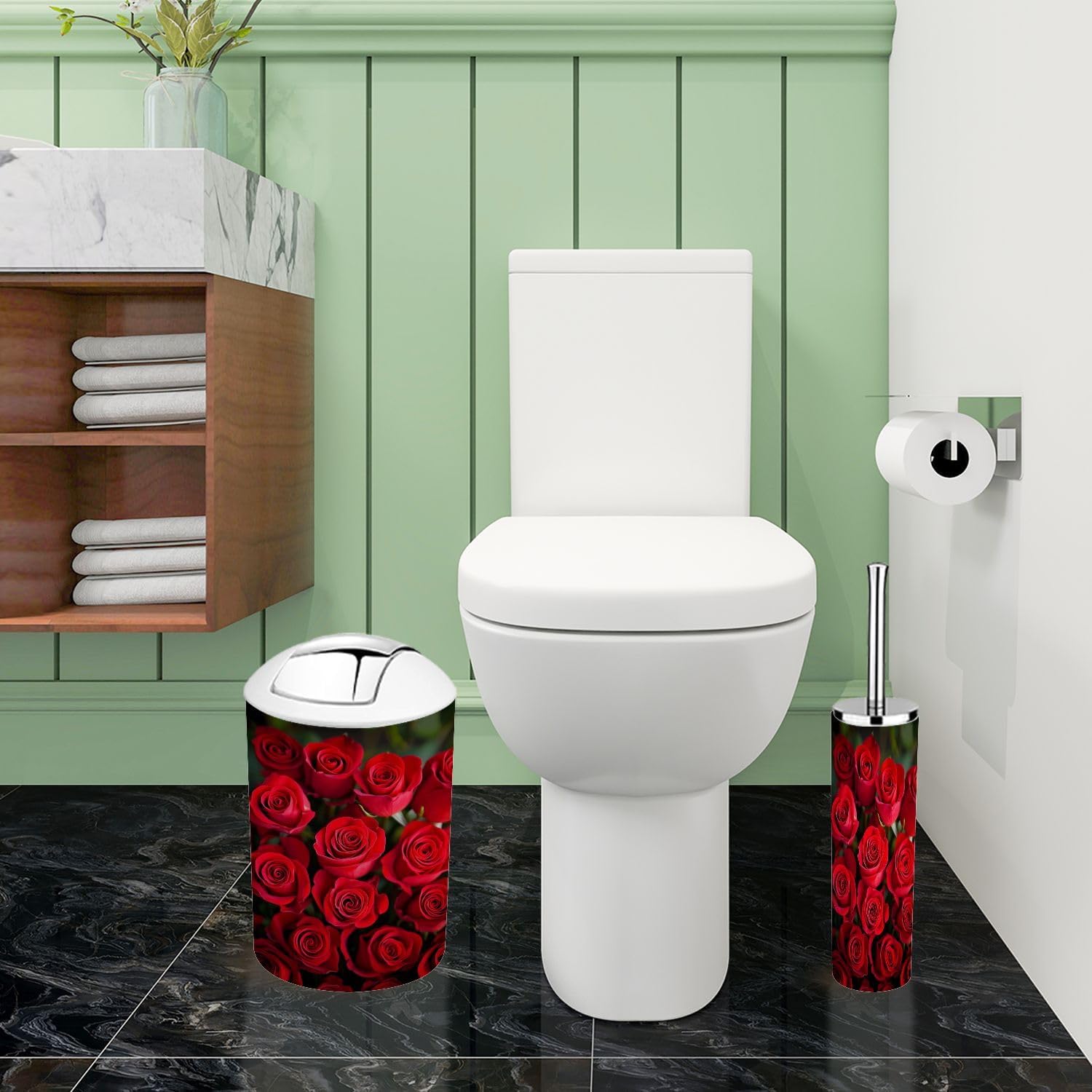 Boho 6 Piece Bathroom Accessory Set with Red Roses Design
