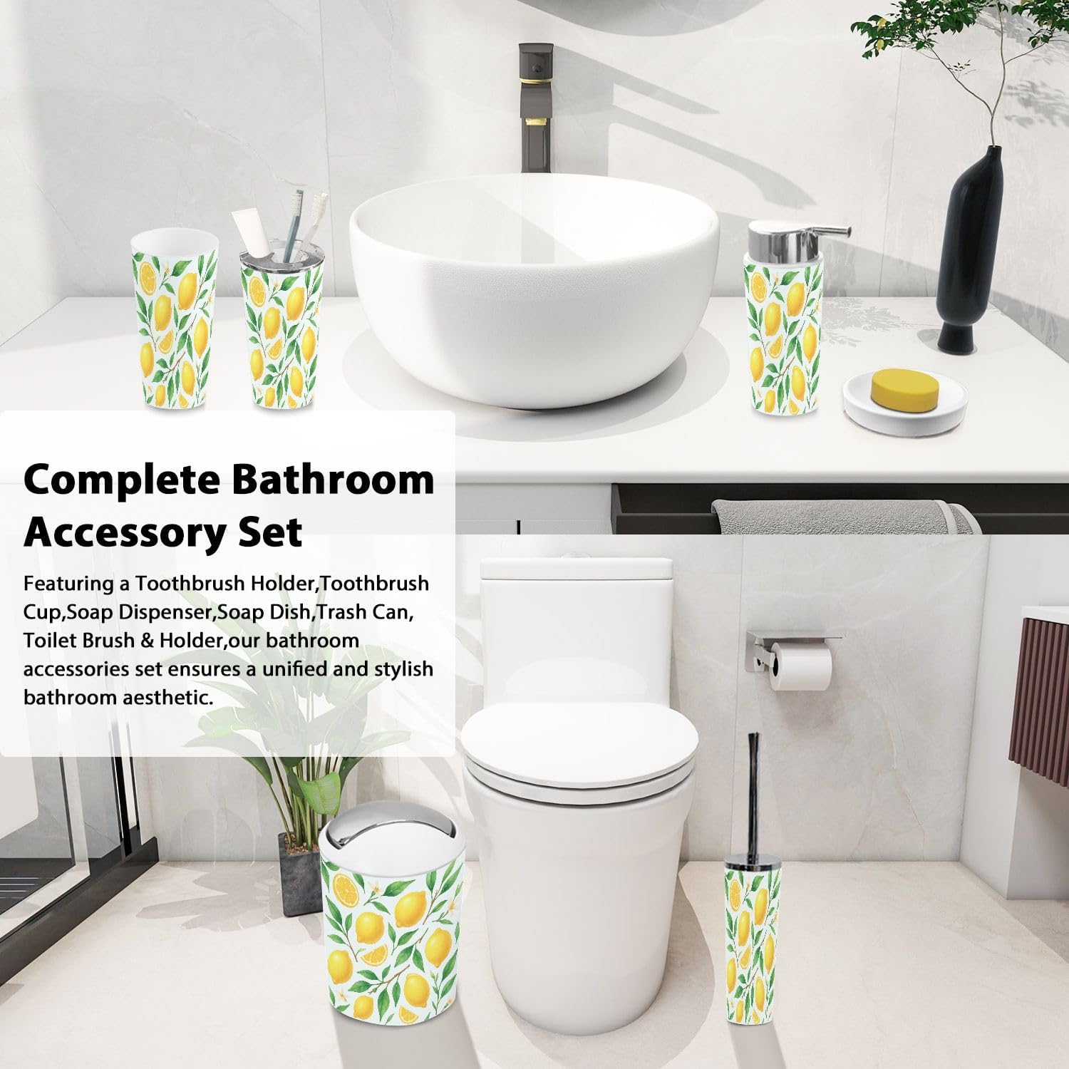 Boho Bathroom Accessory Set 6 Piece Lemon Design