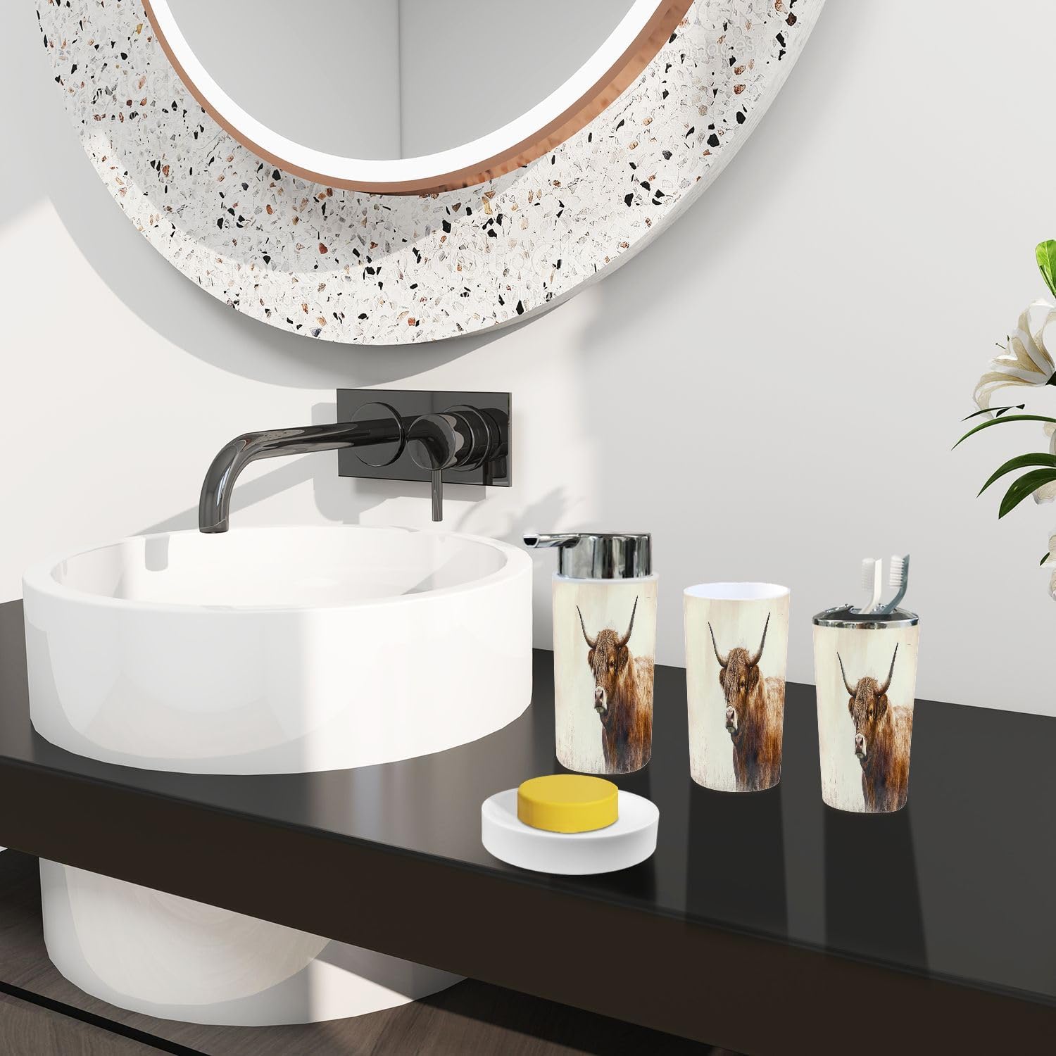 Boho Highland Cattle Bathroom Accessory Set of 6