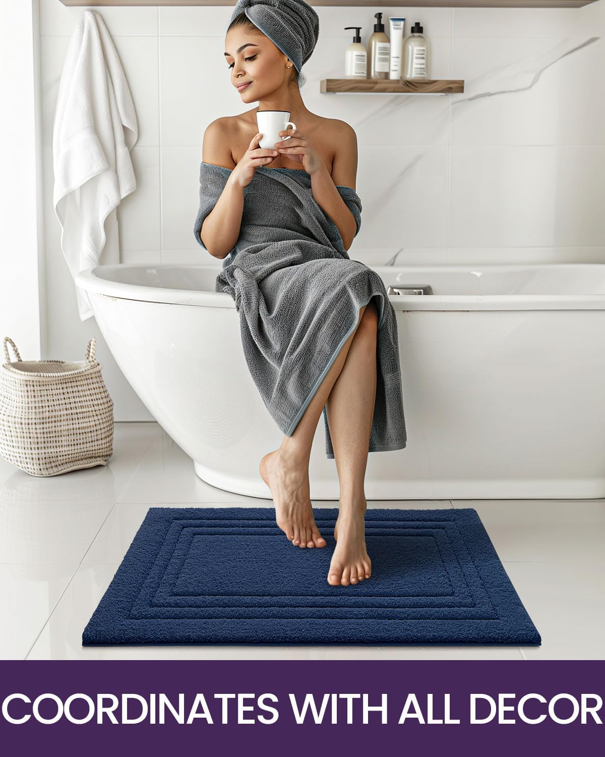 DEXI Navy Bathroom Rug Mat 36x24 Non Slip