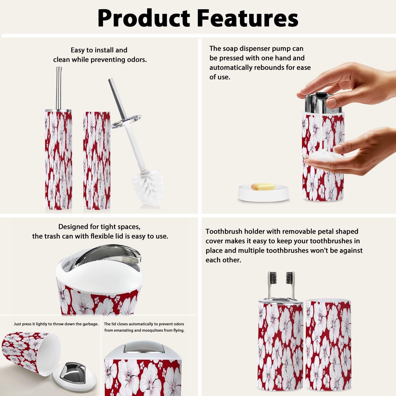 TRANQDEHOM 6-Piece Boho Floral Trash Can Set for Bathroom