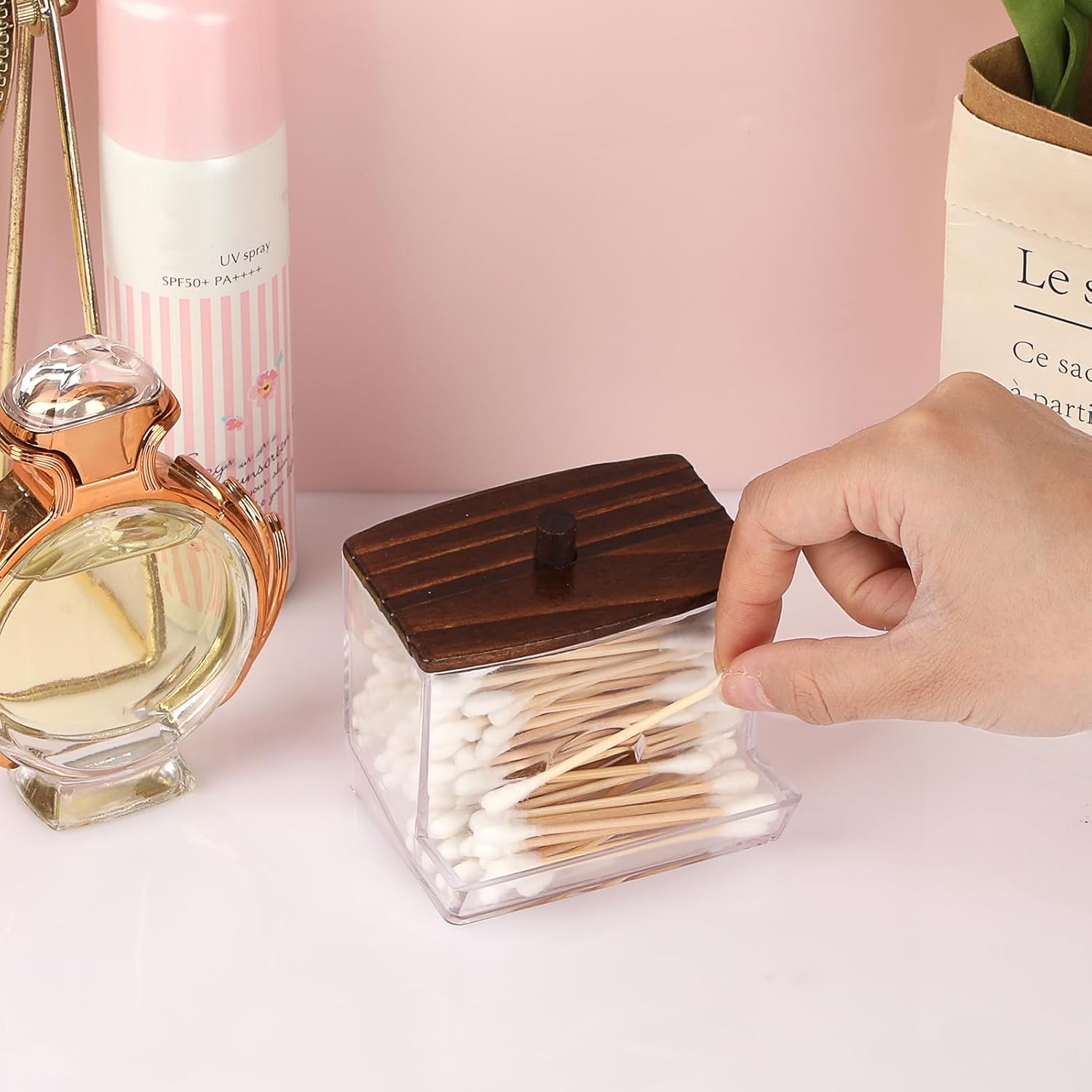 Hipiwe Clear Acrylic Q-Tip Holder with Wood Lid