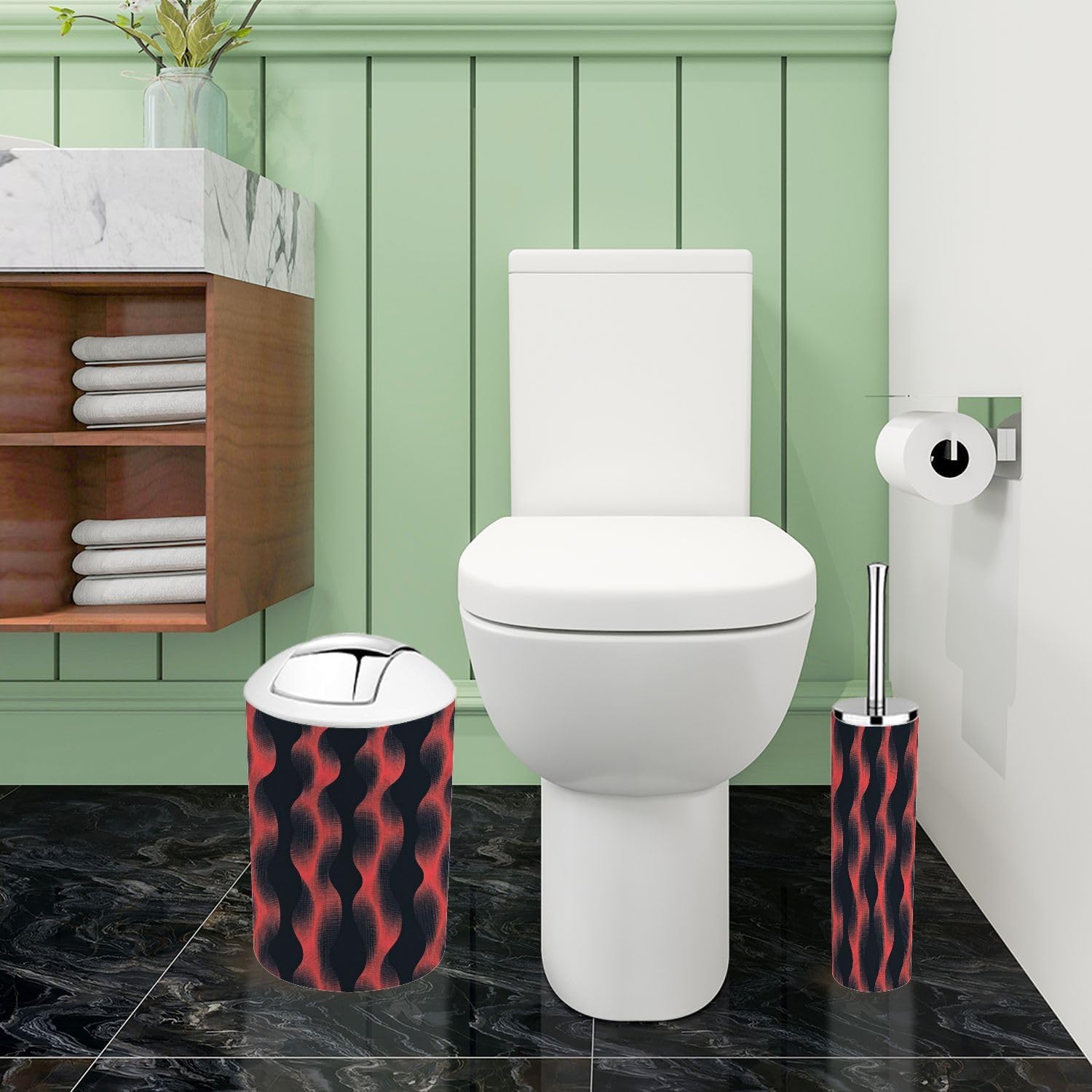 Boho Bathroom Accessory Set 6 Piece Trendy Red Black Abstract