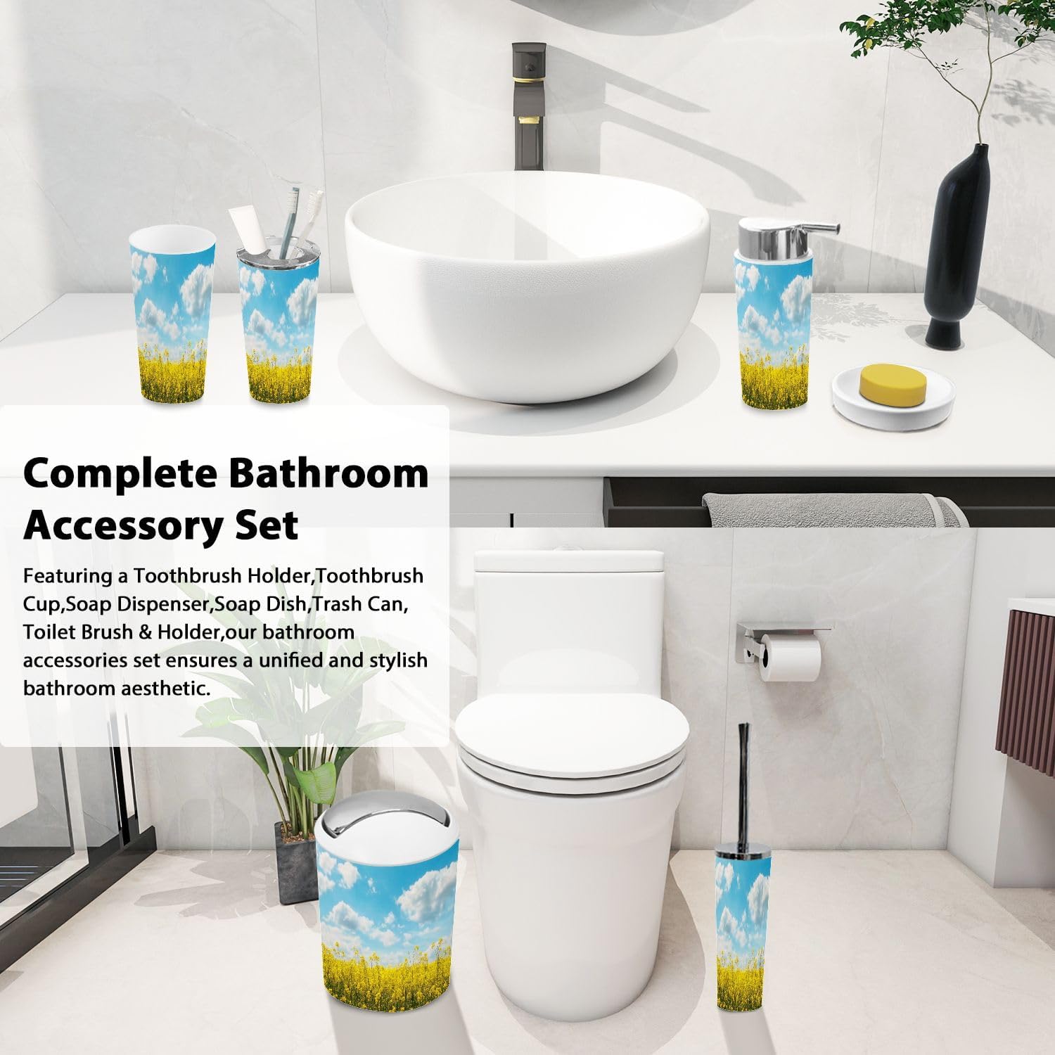 Boho Yellow Bath Accessory Set with 6 Pieces