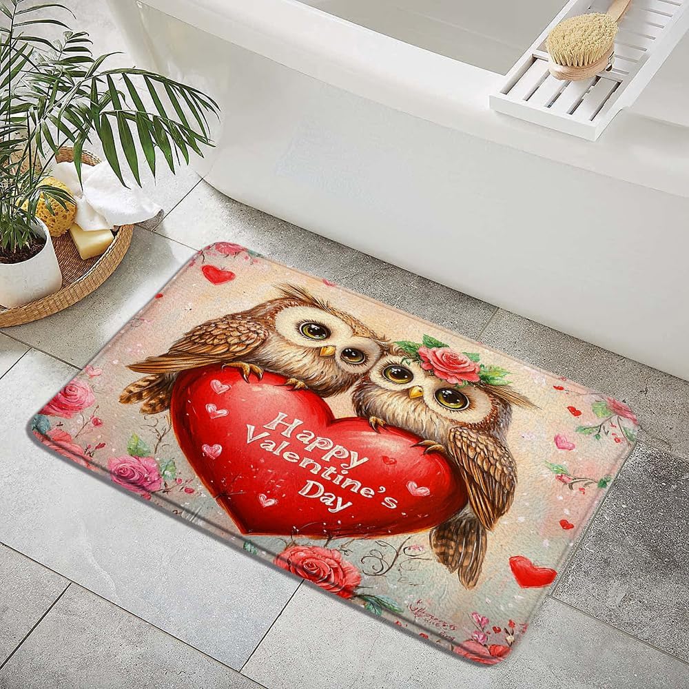 Valentines Day Bath Mat with Cute Owl Design