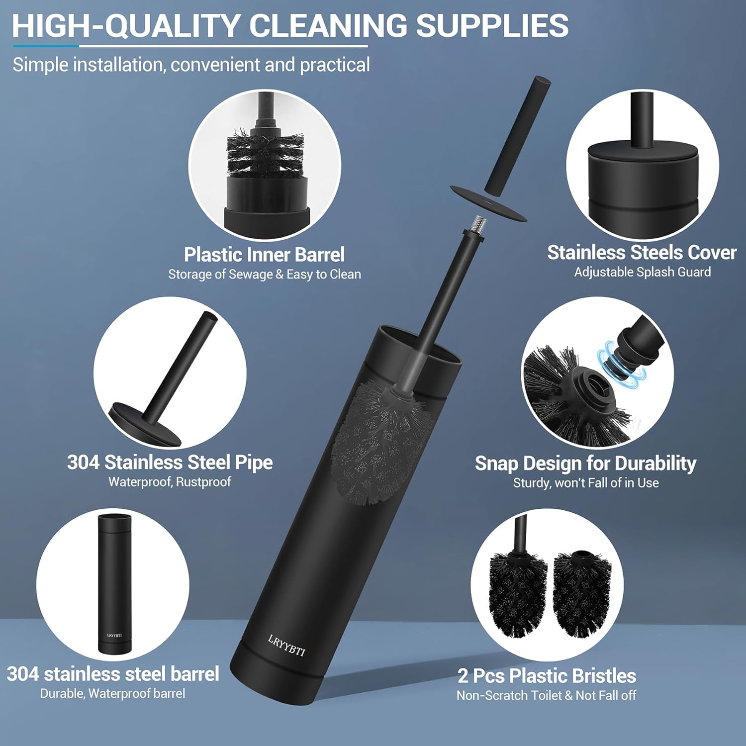 304 Stainless Steel Toilet Brush with Holder and 2 Bristle Heads 1