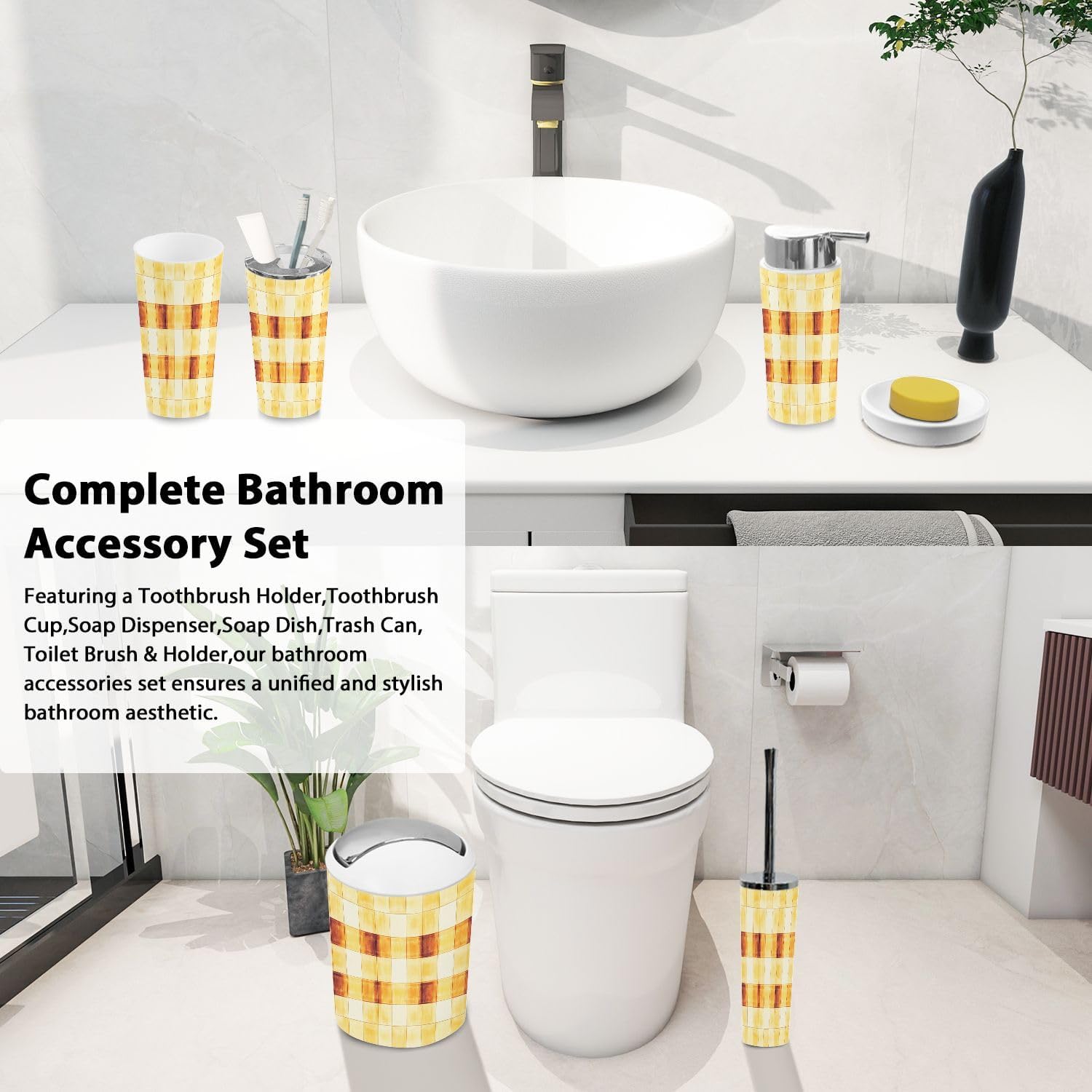 TRANQDEHOM 6-Piece Bathroom Accessory Set with Boho Check Pattern