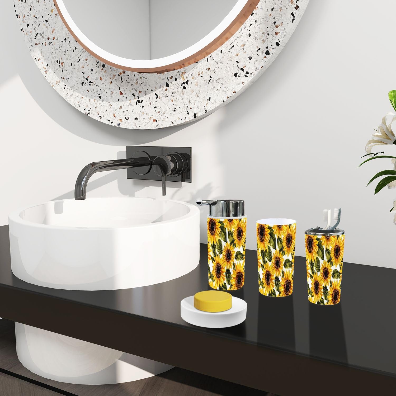 Boho Bathroom Accessories Set 6 Pieces White Sunflowers Design
