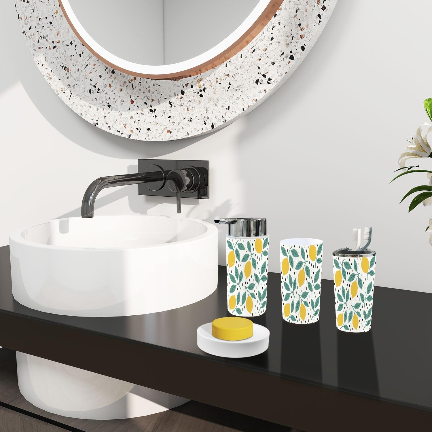 Bathroom Accessory Set 6 Piece Boho Design Lemon Print