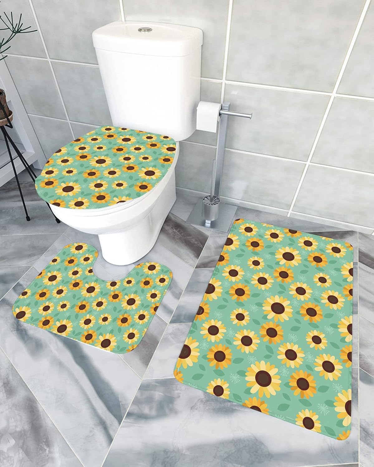 YESOF66 3 Piece Bathroom Rug Set with Non-Slip Sunflower Pattern