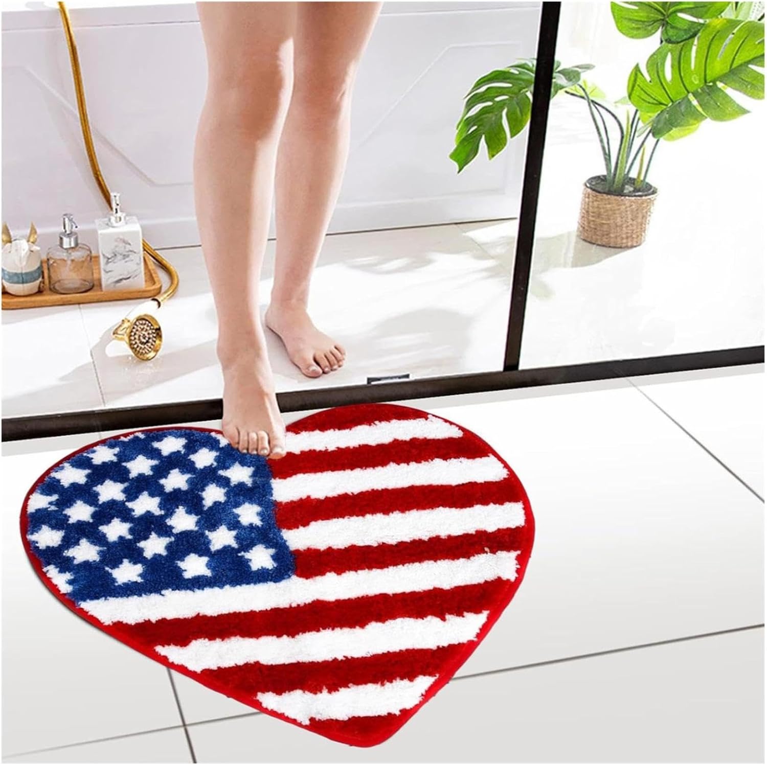 Patriotic Heart Bath Rug 4th of July Stars Stripes Non-Slip Doormat for Home