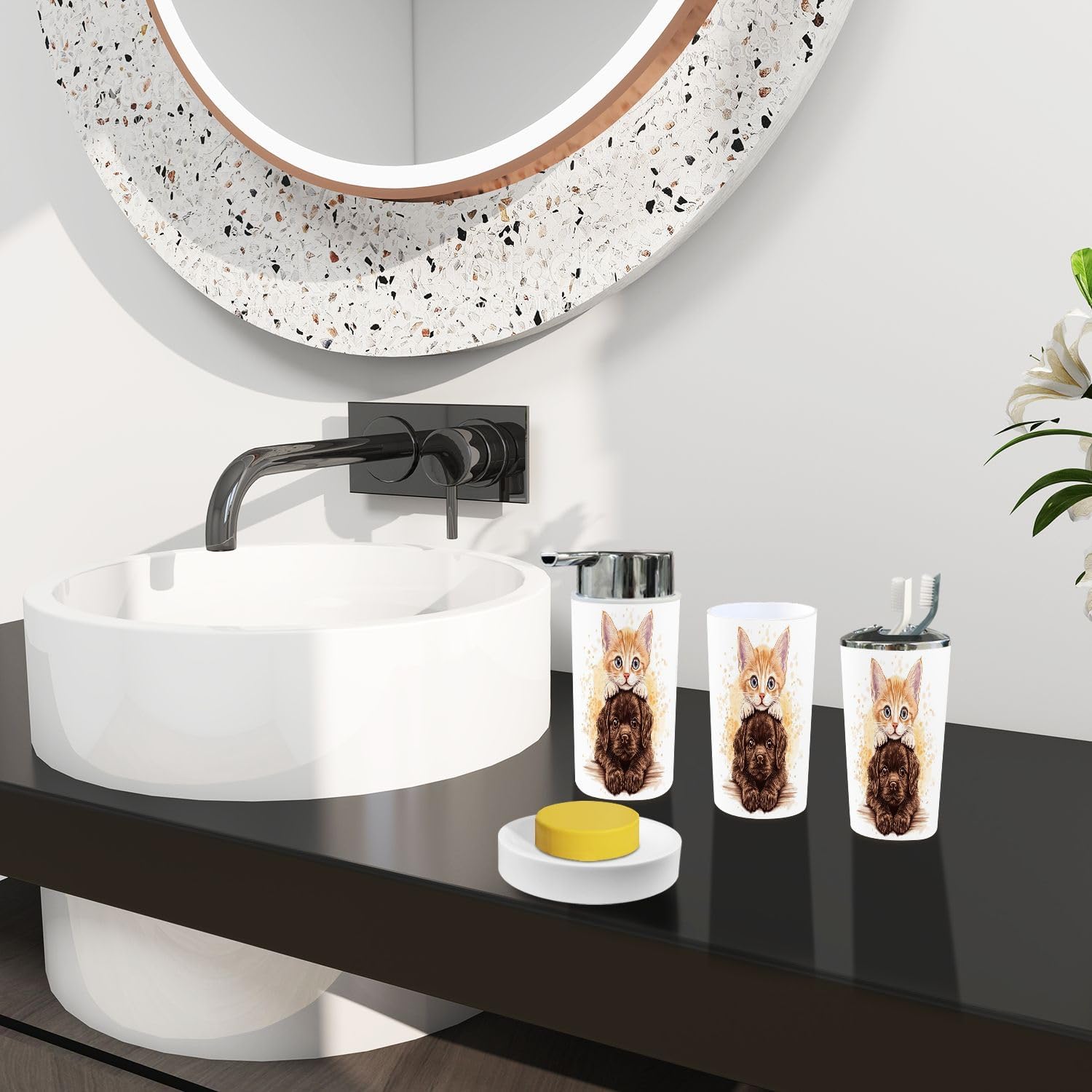 Boho Kitten Puppy Bathroom Accessory Set 6 Piece