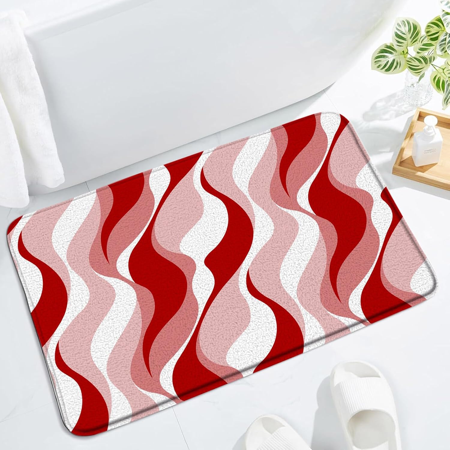 Burgundy White Wave Bath Mat Boho Design