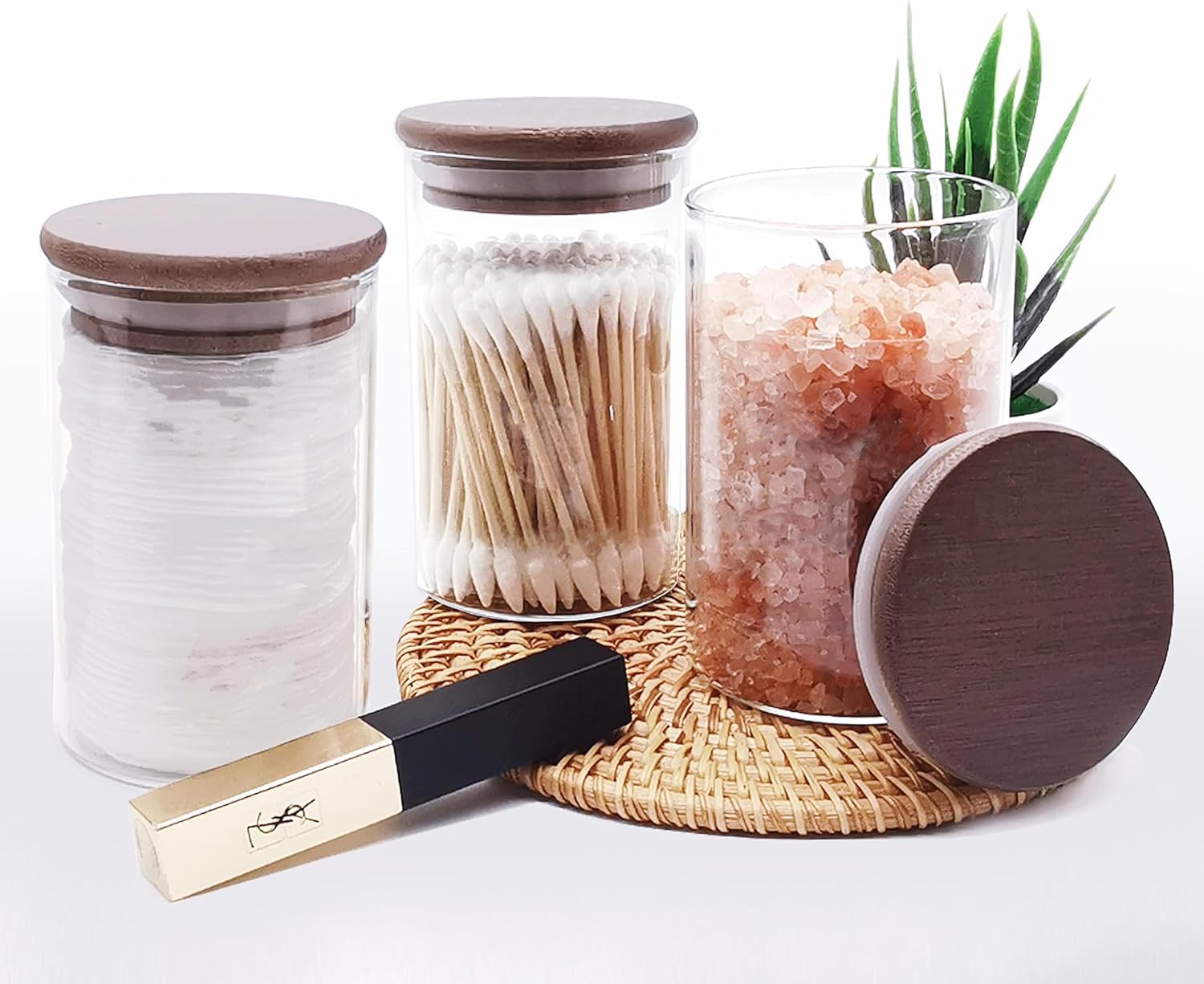 ZYIGYI 2 Pcs Glass Cotton Swabs Holder with Wood Lids