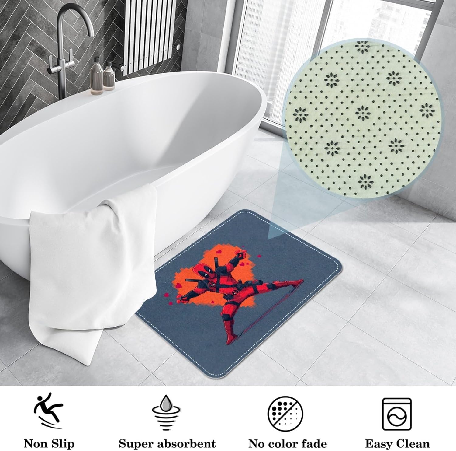 Deadpool Themed Polyester Bath Rug - Machine Washable