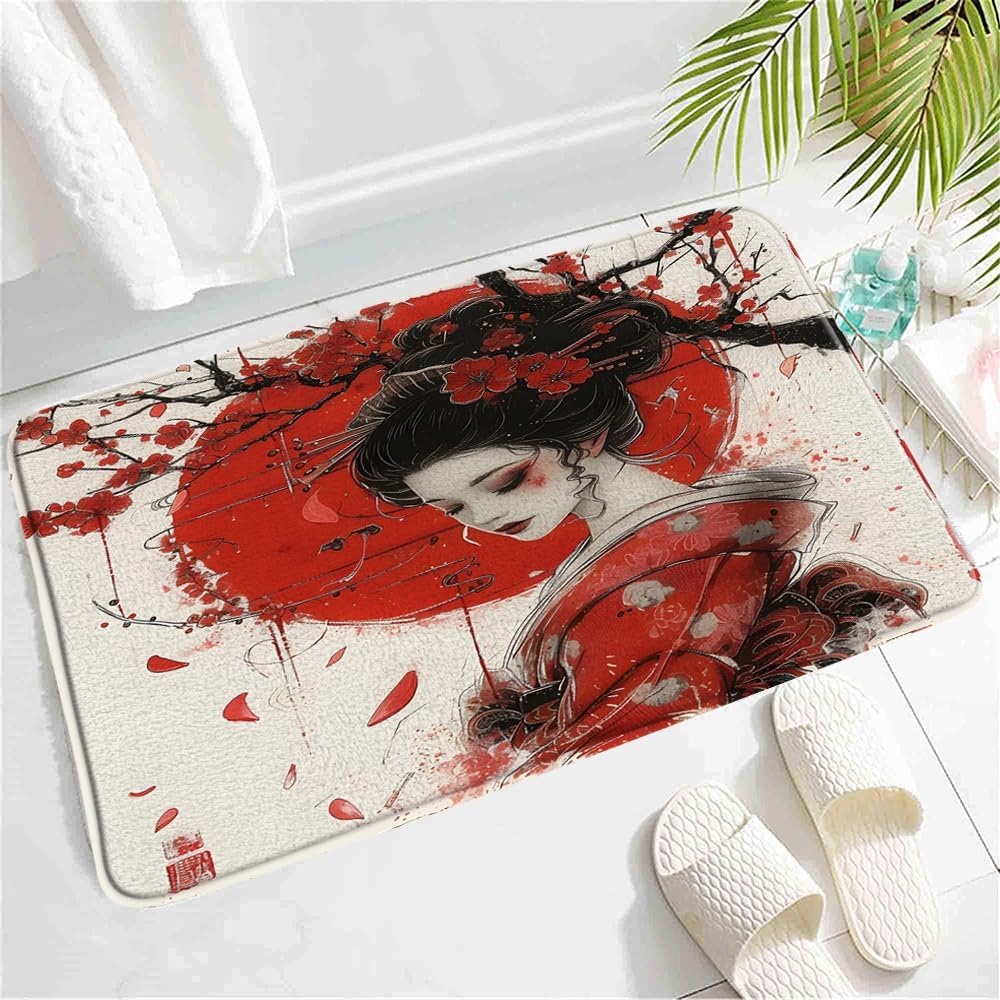 SATRTUD Japanese Geisha Bath Mat with Cherry Blossoms Design
