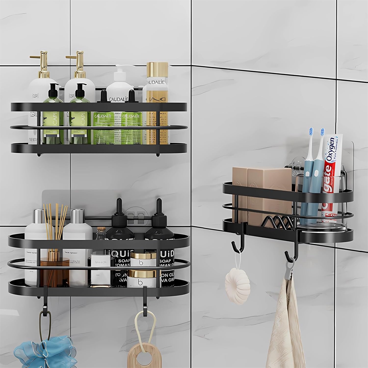 LGQXGO 3 Pack Adhesive Shower Caddy Organizer with 12 Hooks