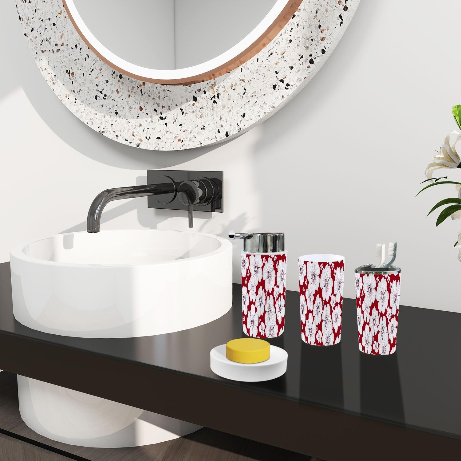 TRANQDEHOM 6-Piece Boho Floral Trash Can Set for Bathroom
