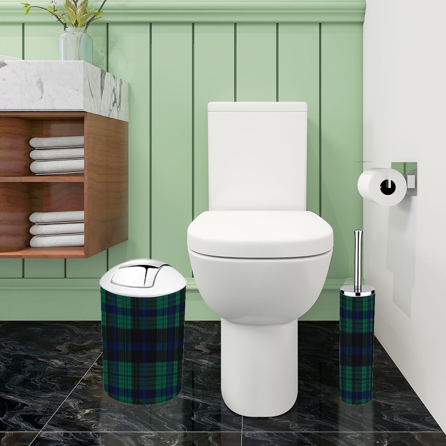Boho Bathroom Accessory Set 6 Piece Navy Black Green Twill Weave Plaid