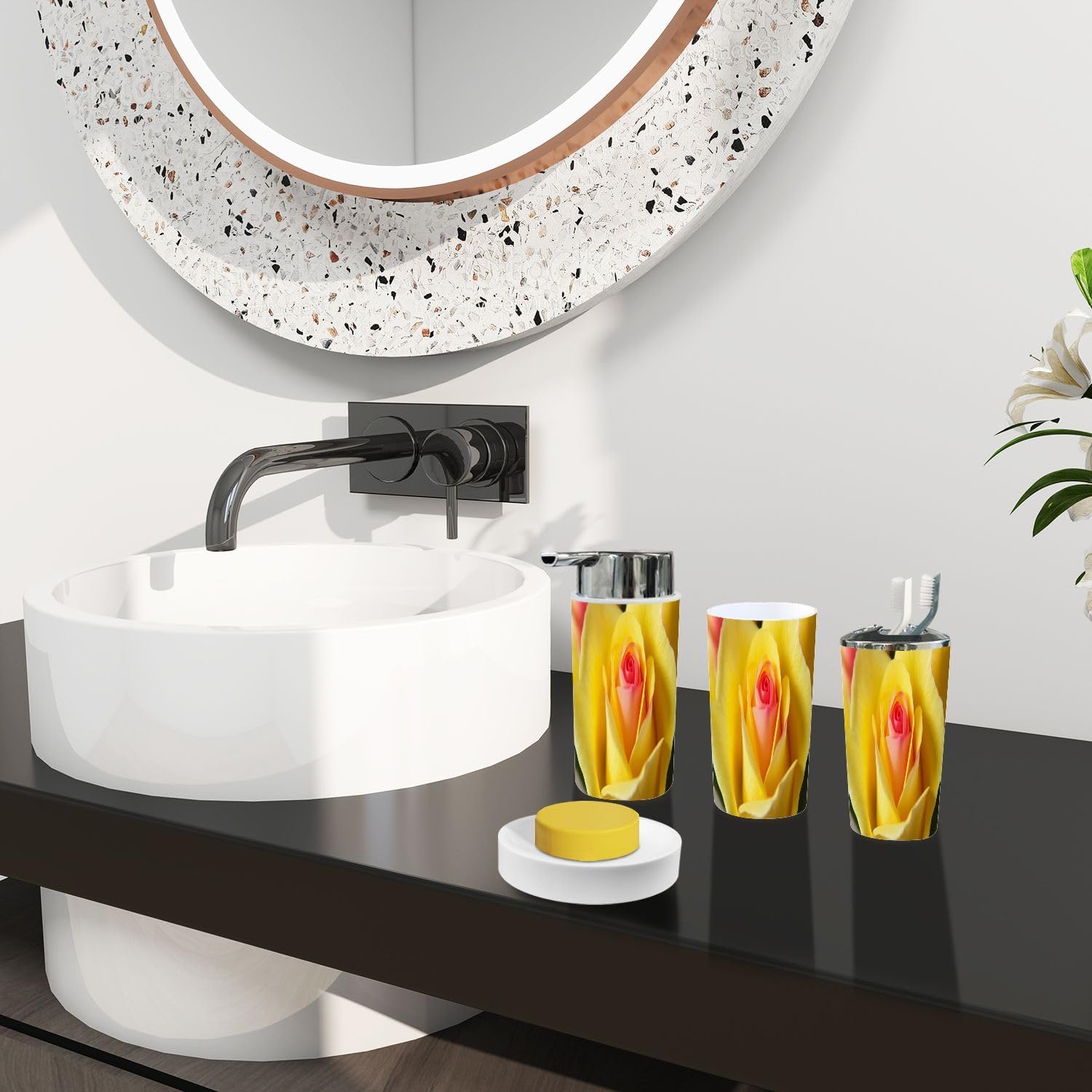 Boho Bathroom Accessory Set 6 Piece Yellow Rose