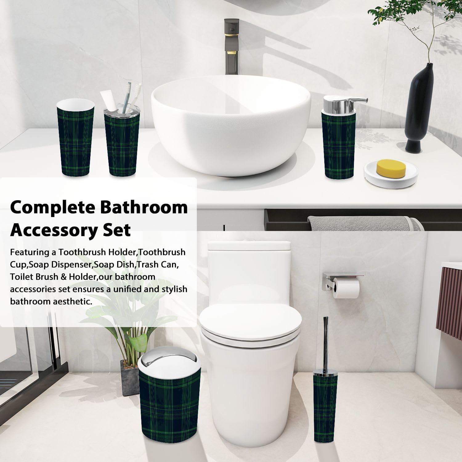 Boho Blue Green Tartan Plaid 6-Piece Bathroom Accessory Set