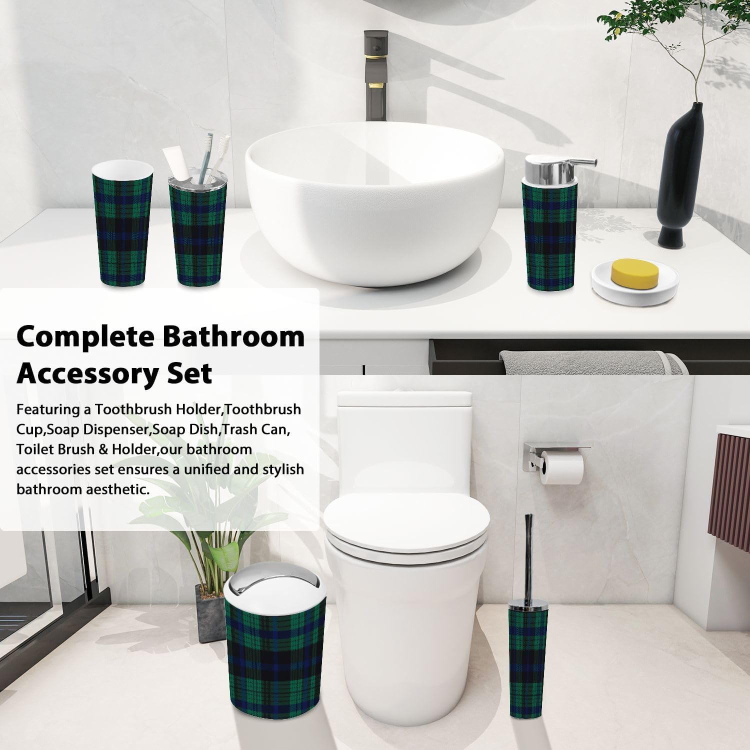 Boho Bathroom Accessory Set 6 Piece Navy Black Green Twill Weave Plaid