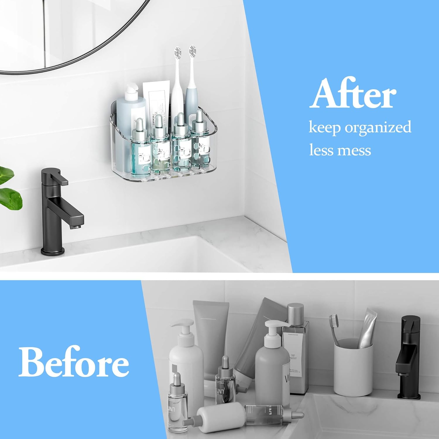 TZAMLI Wall Mounted Shower Organizer Clear Acrylic Storage Basket Self-Adhesive Shelf for Bathroom Kitchen Pantry