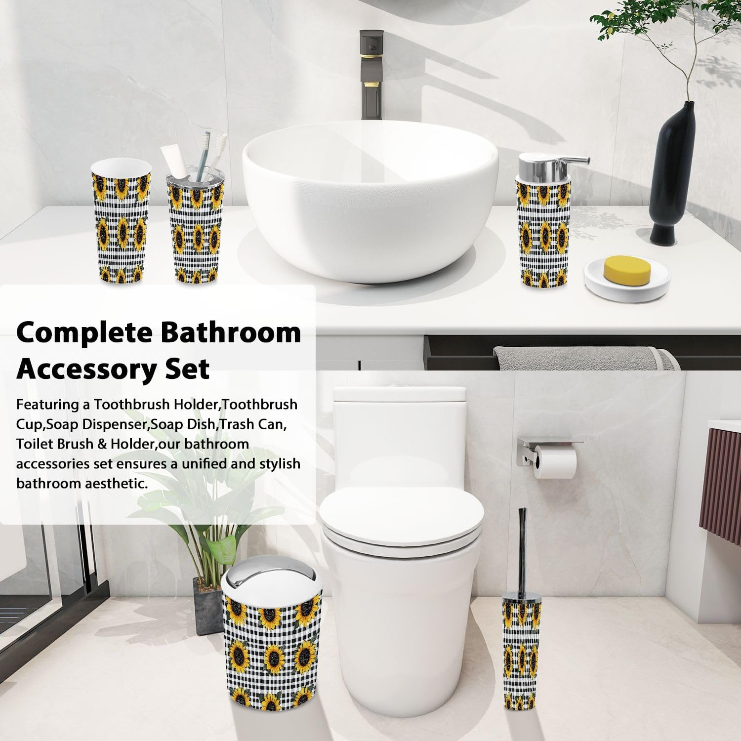 Boho Bright Sunflowers Bathroom Accessory Set 6 Piece 1
