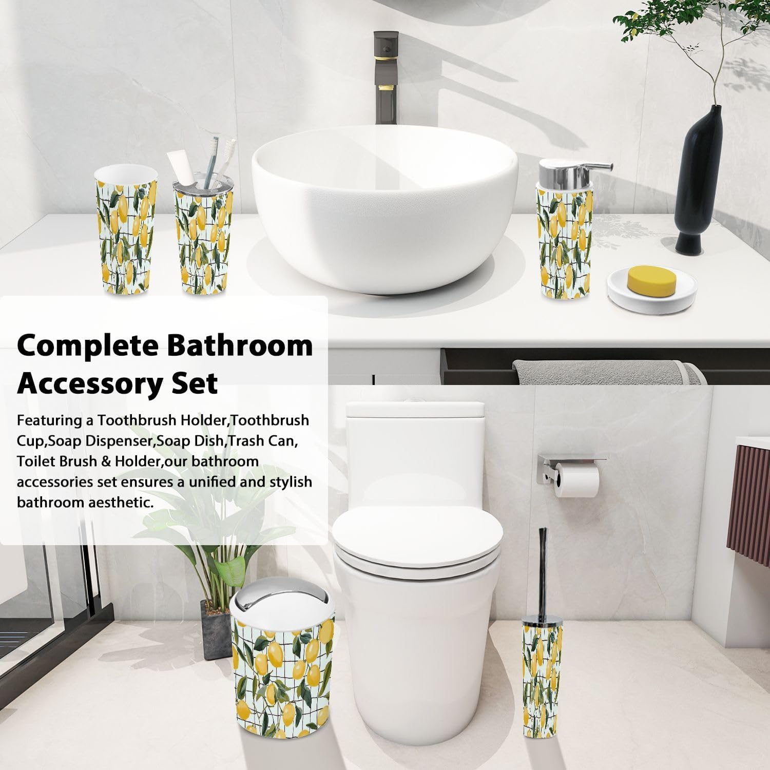 Boho Drawn Lemons Bathroom Accessory Set 6 Piece