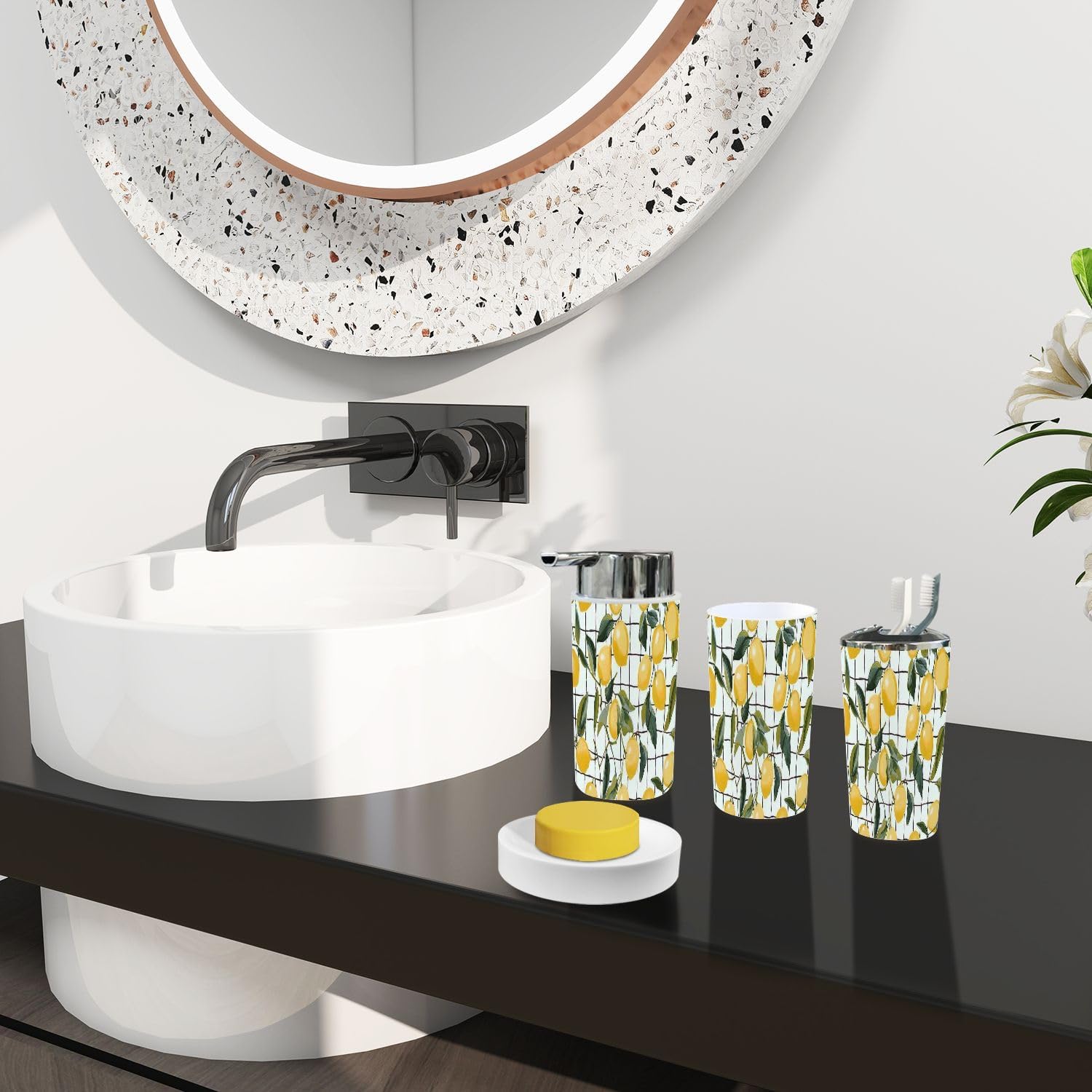 Boho Drawn Lemons Bathroom Accessory Set 6 Piece