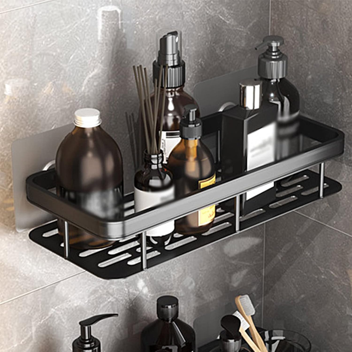 Shower Caddy With Hooks - Metal Organizer No Drilling 2 Tier Storage for Bathroom Kitchen