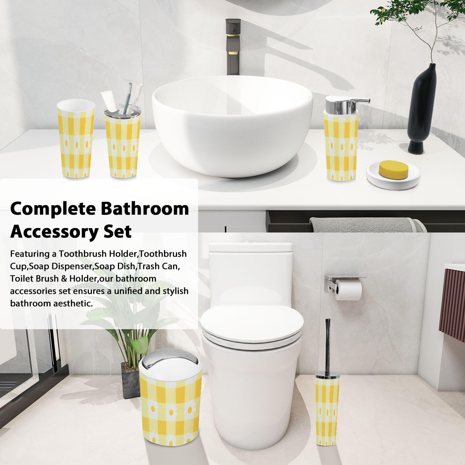 Boho Bathroom Accessory Set 6 Pieces White and Yellow