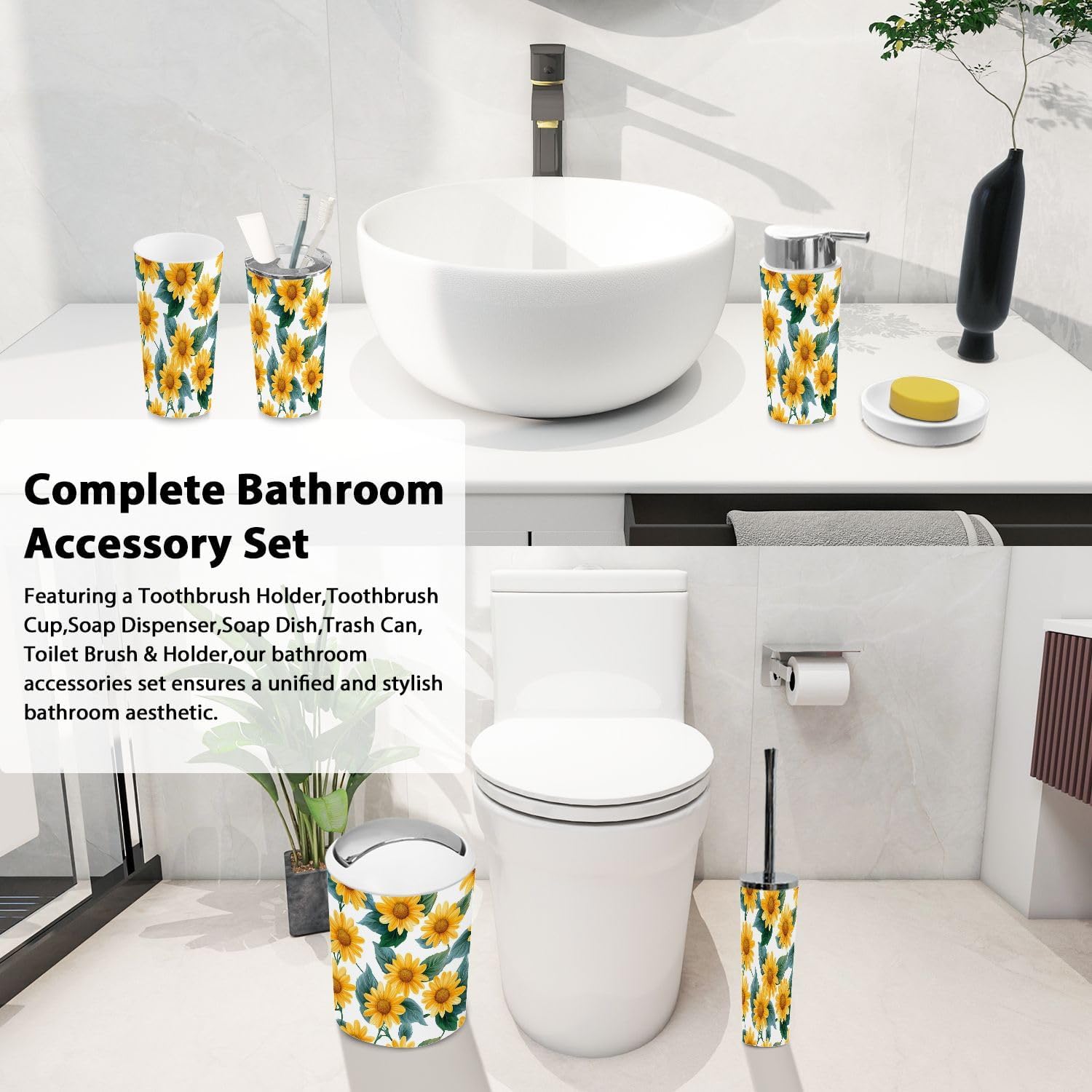 Boho Sunflower Bathroom Accessories Set 6 Piece