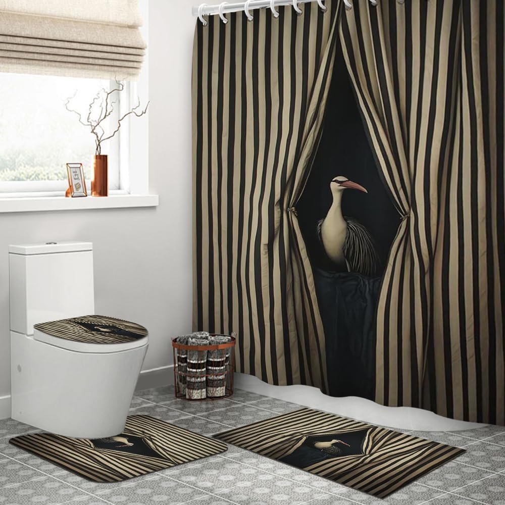 GUBIYU 4PCS Funny Animal Shower Curtain Set with Rug