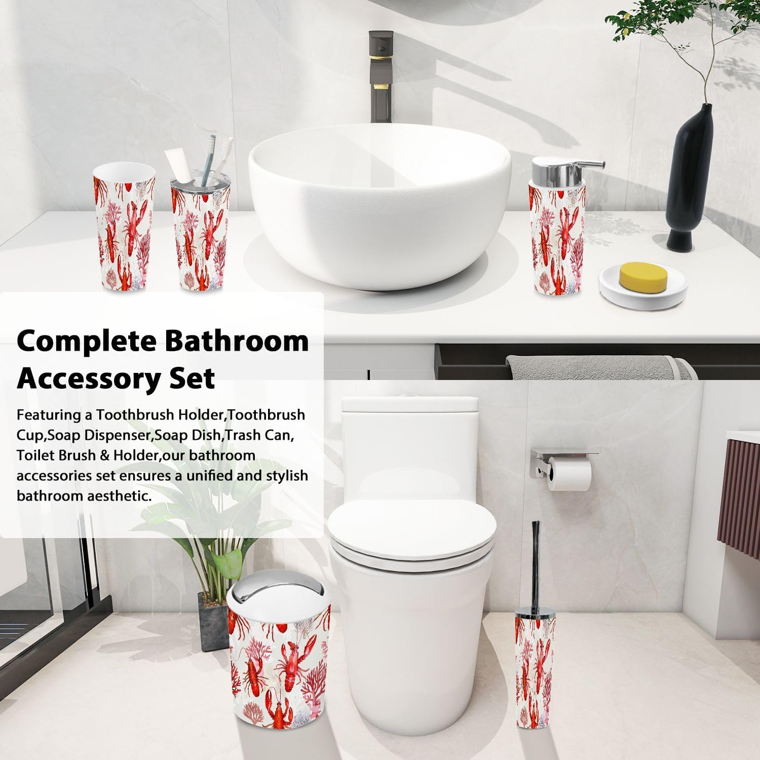 Boho Tropical Trash Can and Bathroom Accessories Set