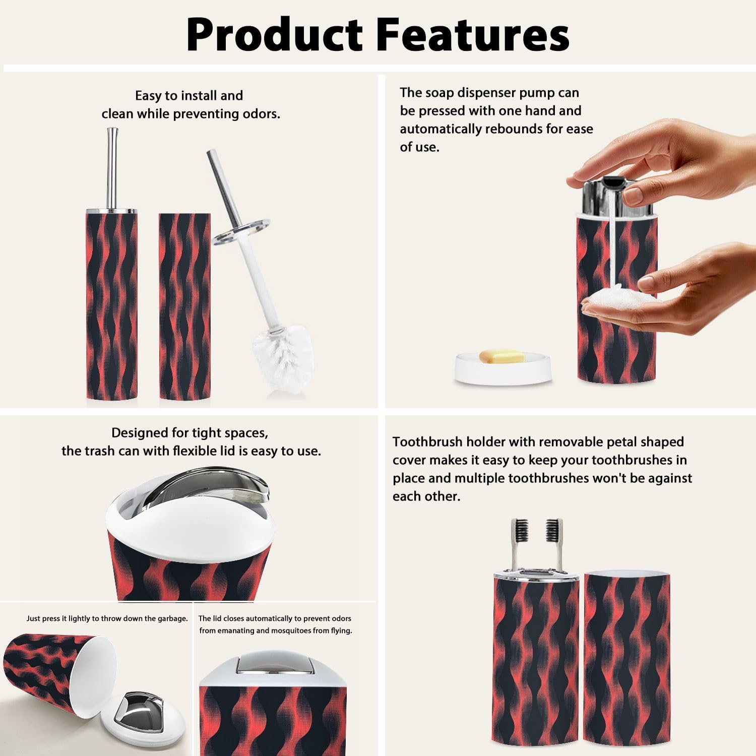 Boho Bathroom Accessory Set 6 Piece Trendy Red Black Abstract