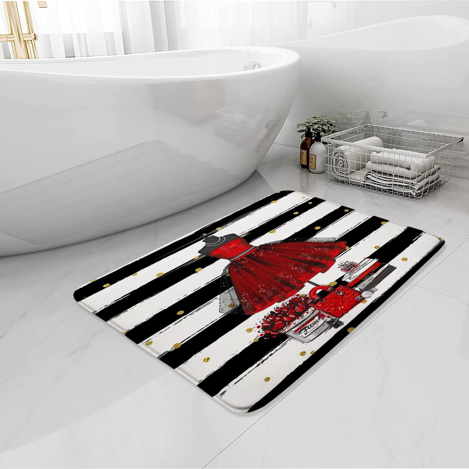 Red Girly Bath Mat With Black and White Stripes